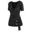 Draped T Shirt O Ring Plain Color Cowl Neck Cinched Shoulder Casual Tee - BLACK XL