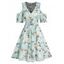 Flower Print Cold Shoulder Chiffon Dress Crossover Bowknot Plunge Mini Dress - LIGHT GREEN S