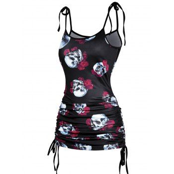 

Skull Rose Print Long Tank Top Cinched Bowknot Strap Tank Top, Multicolor