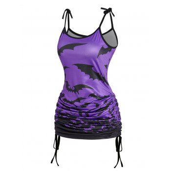 

Bat Print Cinched Gothic Tank Top Tie Knot Shoulder Ruched Long Tank Top, White