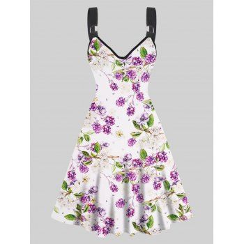 

Flower Leaf Fruit Print Dress O-ring Strap High Waisted A Line Mini Dress, White