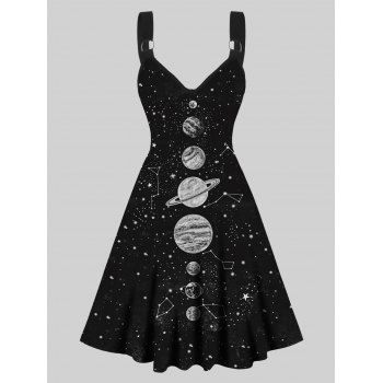 

Celestial Planet Galaxy Star Print Dress V Neck O-ring Strap High Waisted A Line Mini Dress, Black