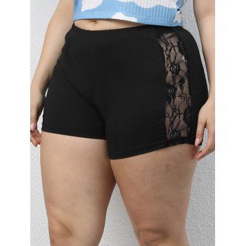 

Plus Size Shorts Sheer Lace Panel Elastic Waist Plain Color Casual Shorts, Black
