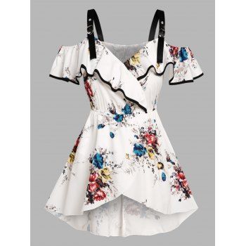 

Plus Size T Shirt Colored Flower Surplice Ruffle Adjustable Strap Cold Shoulder Asymmetrical Hem Tee, White