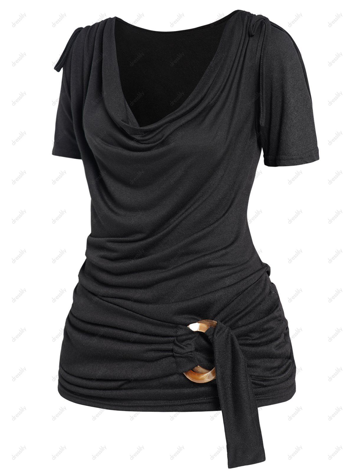 Dresslily Fashion Women Plus Size T Shirt Plain Color O Ring Cowl Neck Draped Short Sleeve Casual Tee Clothing 4x Black