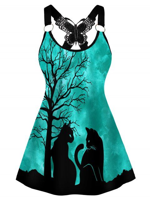 Tree Cat Print Gothic Tank Top Butterfly Lace Insert O Ring Tank Top