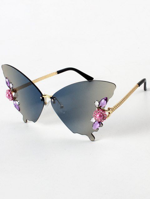 Lunettes Solaires Tendance sans Monture en Forme de Papillon Orné de Strass et Fleurs pour Extérieur