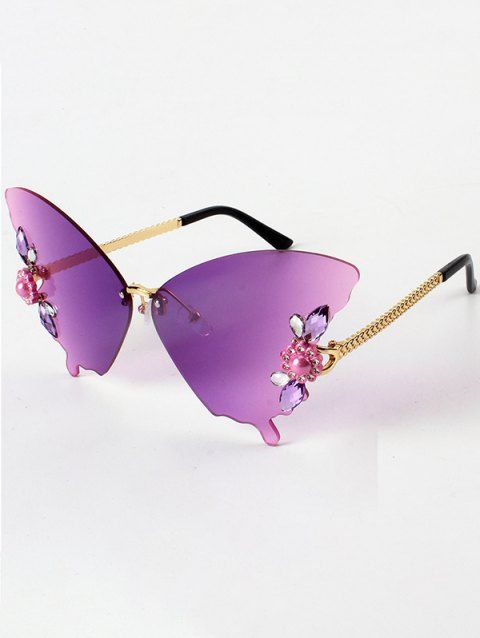Lunettes Solaires Tendance sans Monture en Forme de Papillon Orné de Strass et Fleurs pour Extérieur
