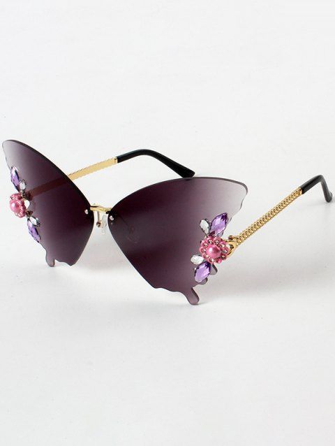 Butterfly Shaped Rimless Rhinestone Flower Embellishment Outdoor Trendy Sunglasses