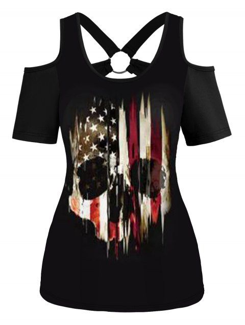 American Flag Skull Print Cold Shoulder T-shirt O Ring Cut Out Short Sleeve Tee