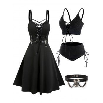

Gothic Lace Up Grommet Ruffle Straps Dress And Plain Color Textured Lace-up Tankini Swimsuit Chain Heart Faux Leather Choker Necklace Outfit, Black