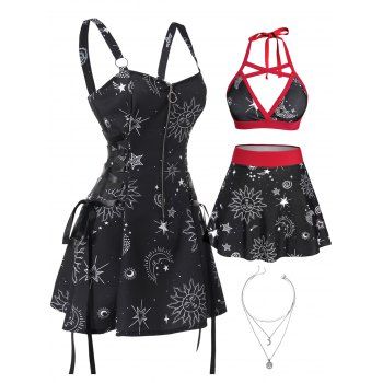 

Celestial Sun Star Print Half Zipper Lace Up A Line Mini Dress And Halter Skorts Bikini Swimsuit Layered Chain Necklace Outfit, Black