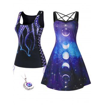 

Moon Phase Galaxy Print Crisscross Mini Dress And Lace Up Octopus Print Tank Top Chain Necklace Outfit, Multicolor