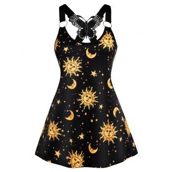 

Celestial Sun Moon Star Print Tank Top Butterfly Lace Insert O Ring Casual Tank Top, Black