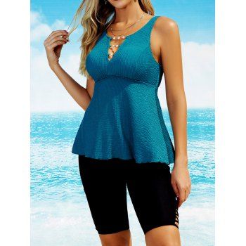 

Textured Swim Top Faux Pearl Embellishment Cut Out Plunging Neck Beach Swimming Top, Blue