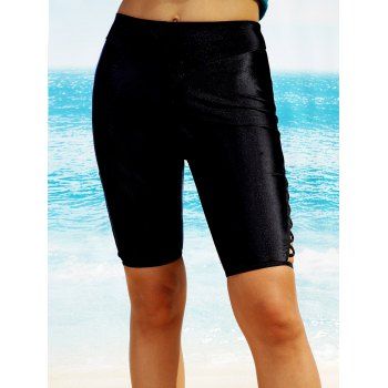 

Plain Color Swim Bottom Crisscross Elastic High Waisted Casual Swim Boyshorts, Black