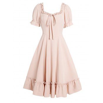 

Ruffles Flounce Hem Vintage Dress Short Sleeve Solid Color Dress, Light coffee