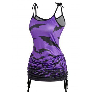 

Bat Print Cinched Gothic Tank Top Tie Knot Shoulder Ruched Long Tank Top, Purple