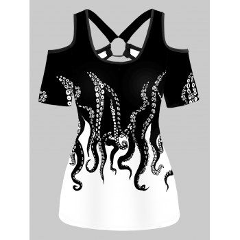 

Cold Shoulder Octopus Print T-shirt Cut Out O Ring Short Sleeve Tee, Black
