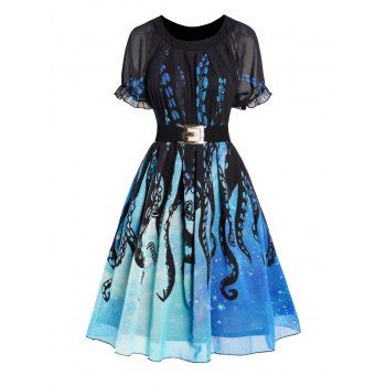 

Puff Sleeve Galaxy Octopus Print Mini Dress Belted A Line Chiffon Dress, Black