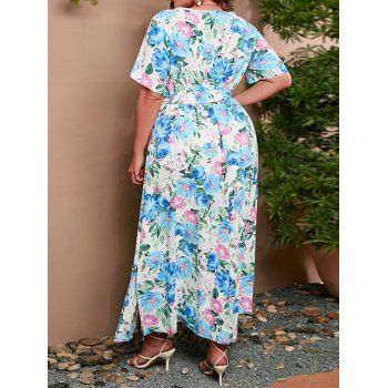 Plus Size Vacation Dress Allover Leaf Flower Print Surplice High Waisted Belted A Line Maxi Dress