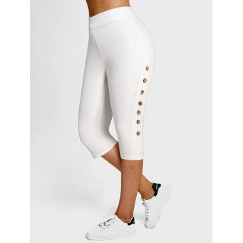 

Plus Size & Curve Capri Leggings Mock Button Guipure Lace Trim Solid Color Cropped Leggings, White