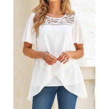 

See Thru Lace Panel Asymmetric Blouse Layered Flare Sleeve Casual Blouse, White