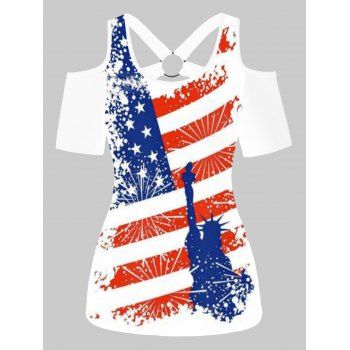 

American Flag Statue Of Liberty Print T-shirt Cold Shoulder O Ring Short Sleeve Tee, White