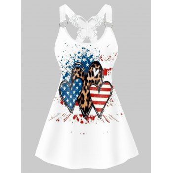 

Leopard Heart American Flag Splatter Paint Tank Top Butterfly Lace Insert O Ring Casual Tank Top, White