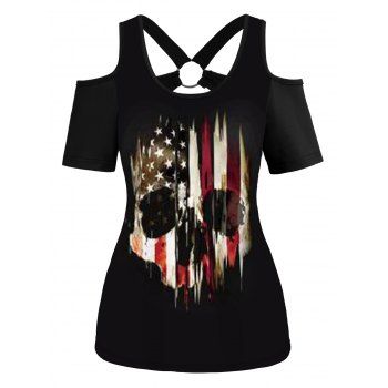 

American Flag Skull Print Cold Shoulder T-shirt O Ring Cut Out Short Sleeve Tee, Black