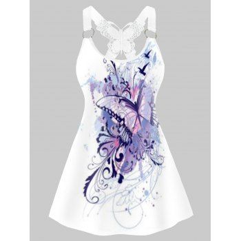 

Butterfly Print Tank Top Lace Insert O Ring Scoop Neck Casual Tank Top, White