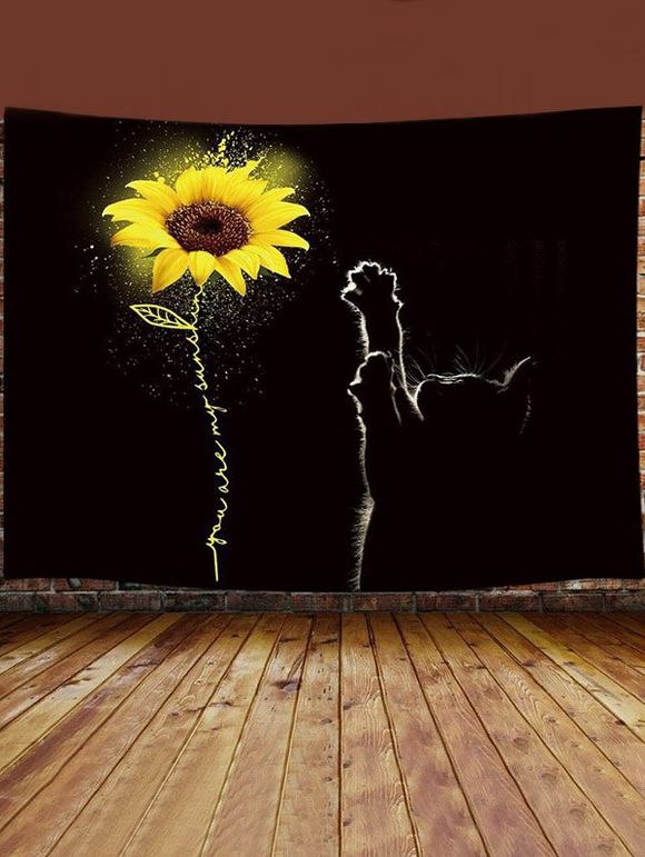 Tapisserie Art Décoration Murale Pendante à Imprimé Chat et Tournesol - Noir 100 CM X 75 CM