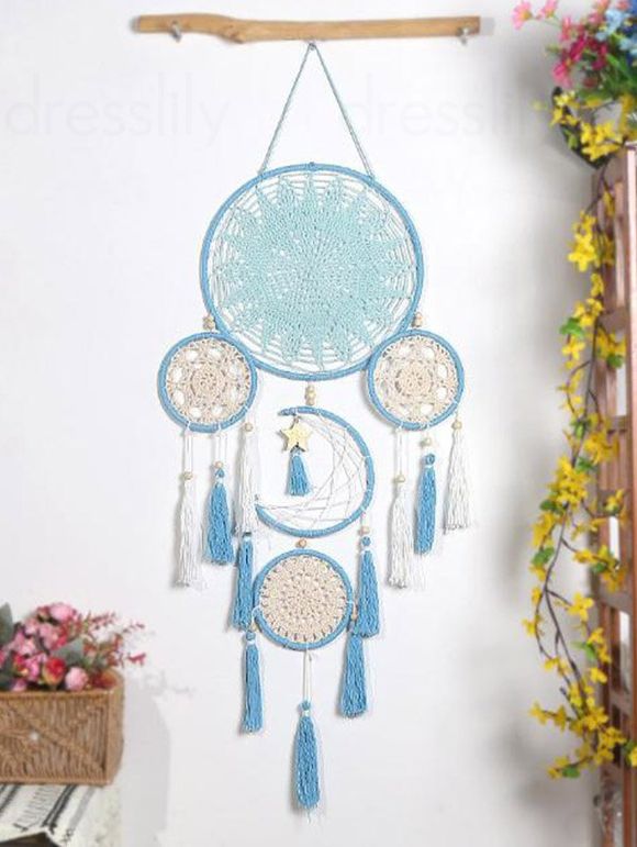 Attrape-Rêves Evidé Lune Géométrique Coloré à Frange Style Bohémien Décoration de Maison - Bleu clair 