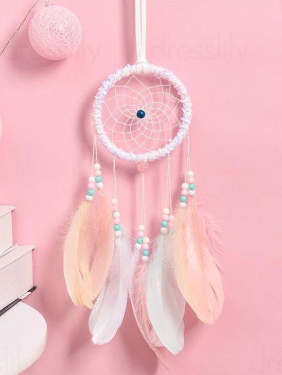 Attrape-Rêve Orné de Plumes Colorées Perles Fantaisies et Guirlande Lumineuse Style Bohémien Décor Maison - multicolor 