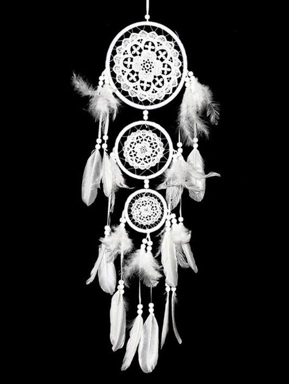 Attrape-Rêve Ajouré Orné de Plumes et Perles Fantaisies Style Bohémien Décor Maison - Blanc 