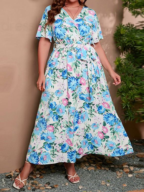 Plus Size Vacation Dress Allover Leaf Flower Print Surplice High Waisted Belted A Line Maxi Dress - LIGHT BLUE 4XL