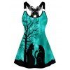 Tree Cat Print Gothic Tank Top Butterfly Lace Insert O Ring Tank Top - LIGHT GREEN S