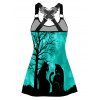Tree Cat Print Gothic Tank Top Butterfly Lace Insert O Ring Tank Top - LIGHT GREEN S