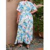 Plus Size Vacation Dress Allover Leaf Flower Print Surplice High Waisted Belted A Line Maxi Dress - LIGHT BLUE 4XL