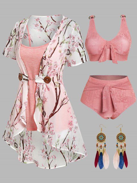 Peach Blossom Print Irregular Short Sleeve Two Piece Tops And Plain Color Geometric Pattern Bowknot Bikini Swimsuit Faux Feather Drop Earrings Outfit