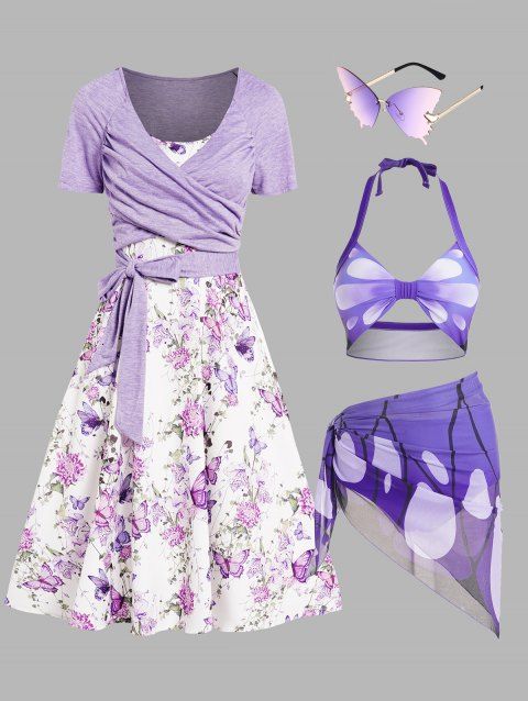 Butterfly Floral Print A Line Dress Tied Surplice T Shirt Three Piece Halter Bikini Swimsuit And Ombre Sunglasses Outfit