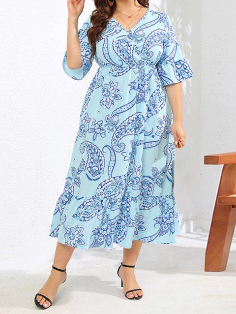 Plus Size Dress Paisely Flower Print Surplice High Waisted Vacation A Line Midi Dress