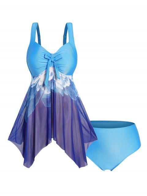 Plus Size Tankini Swimsuit Flower Print Sheer Mesh Asymmetric Padded Modest Swimsuit High Waist Bathing Suit