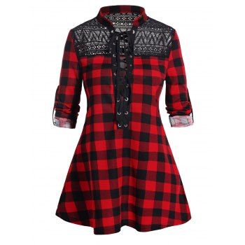 

Plaid Print Sheer Mesh Panel Top Lace Up Full Sleeve Long Casual Top, Red