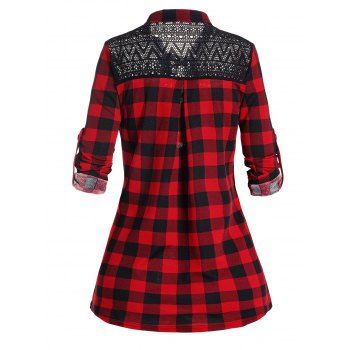 Plaid Print Sheer Mesh Panel Top Lace Up Full Sleeve Long Casual Top 