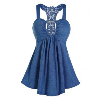 

See Thru Heart Crochet Lace Panel Racerback Tank Top Chain Cut Out Ruched Tank Top, Deep blue