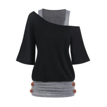 

Colorblock Faux Twinset T Shirt Cold Shoulder Skew Collar Twofer Ruched Long 2-In-1 Tee, Black