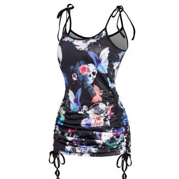 

Skull Flower Painting Print Cinched Tank Top Tie Knot Shoulder Strap Ruched Long Tank Top, Black