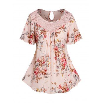 

Plus Size Blouse Flower Print Lace Panel Short Sleeve Round Neck Casual Chiffon Blouse, Light pink