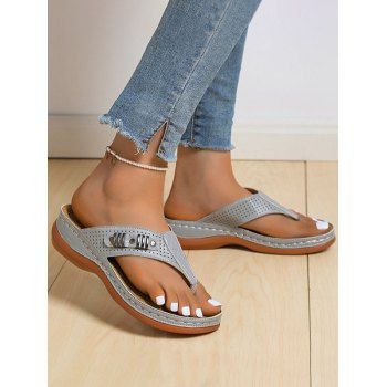 

Hollow Out Flat Platform Slip On Outdoor Flip Flops, Gray